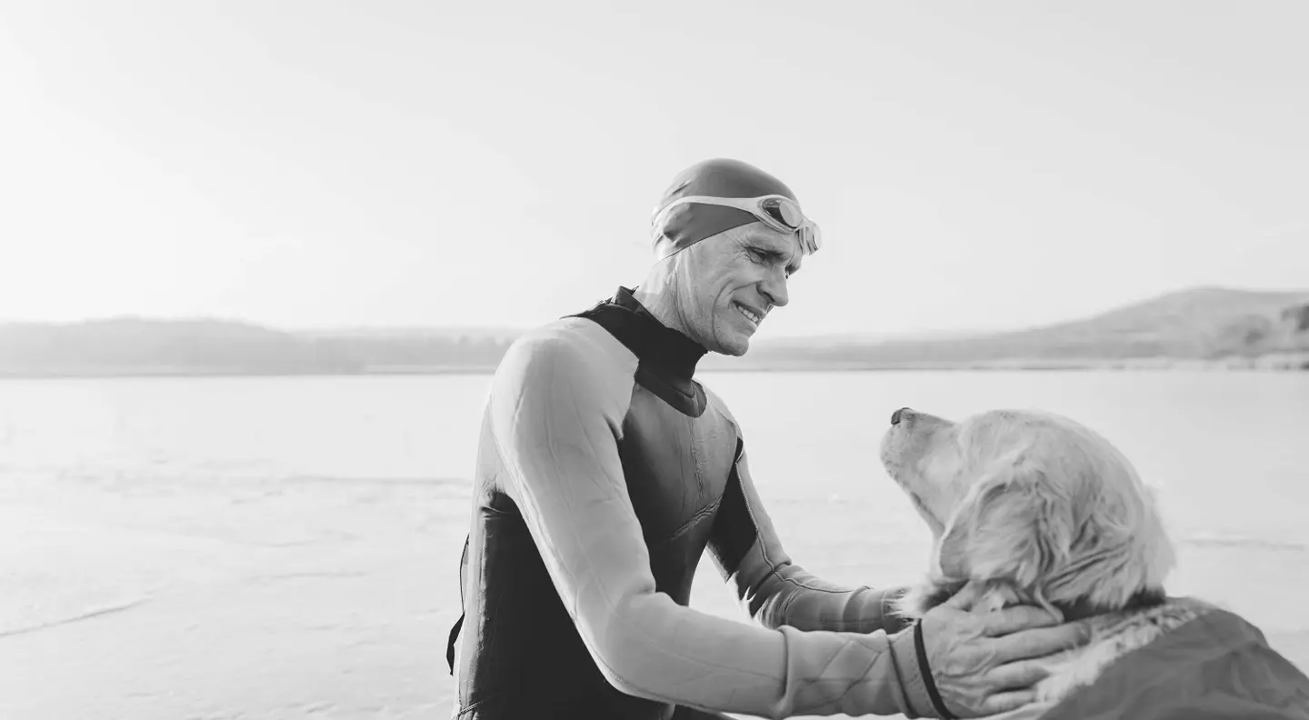 Person and golden retriever at beach