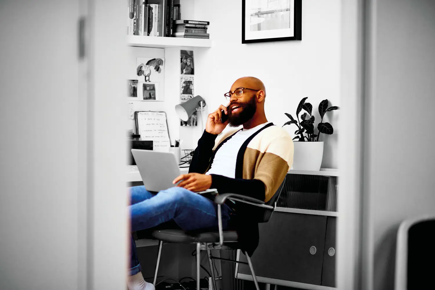 Person on phone in office 